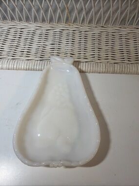 Vintage 1950's Hazel Atlas Pear Shaped Dish White Milk Glass w Fruit & Dogwood